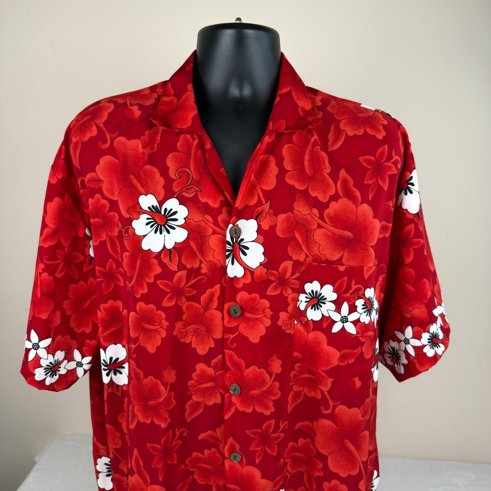 Uluwatu Mens XXL Red Hibiscus Floral Aloha Hawaiian Shirt Rayon Handmade Bali